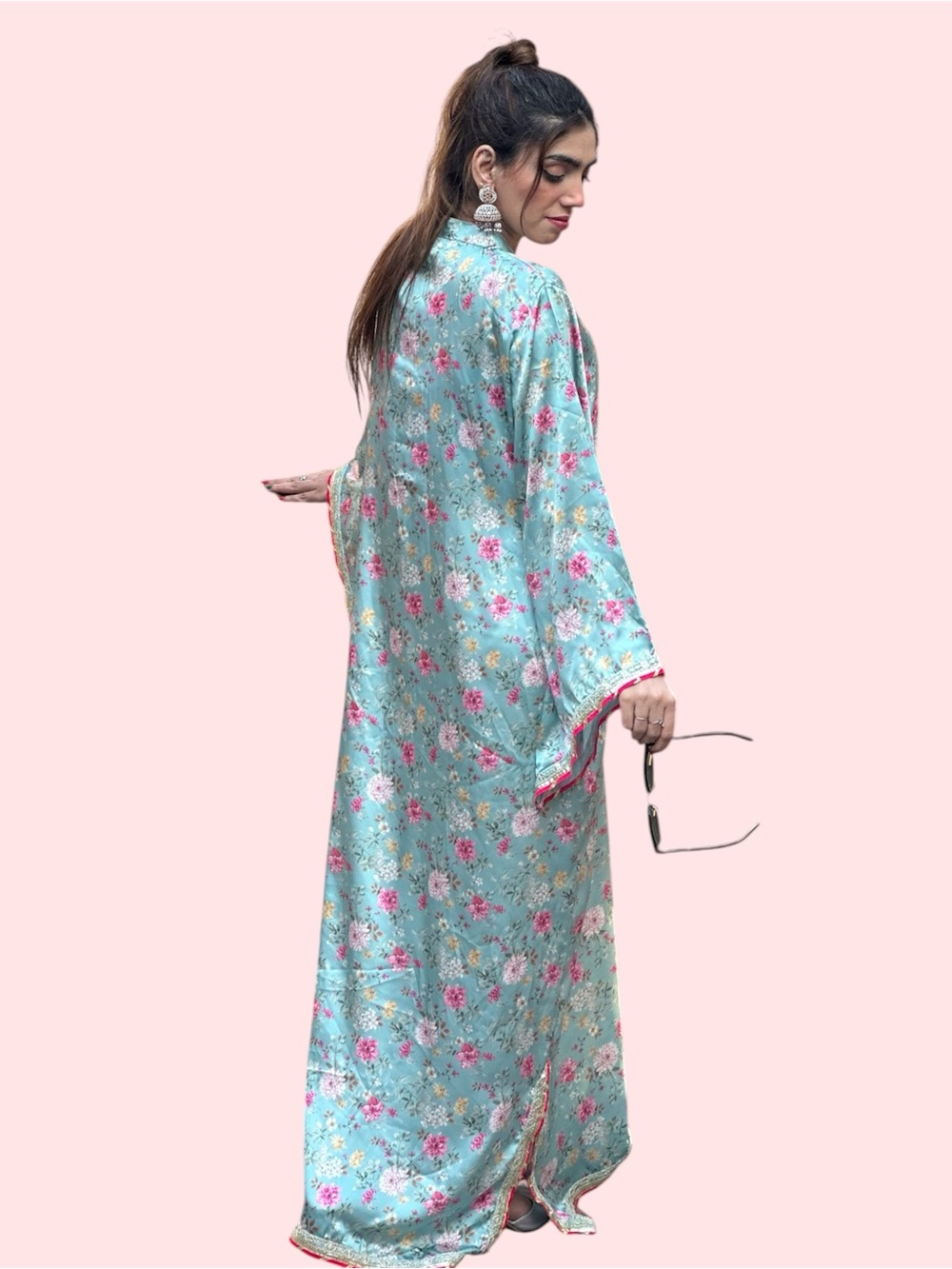 Floral Satin Turquoise Long kaftan dress  - Women's dress